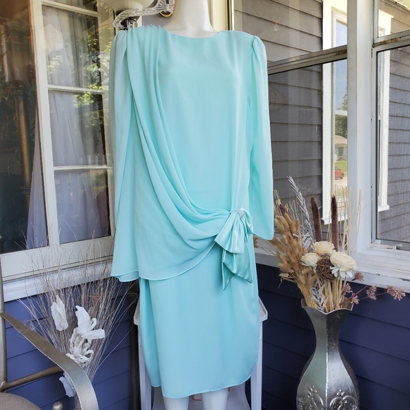 Vintage 70's After Dark Mint Green 2 Layered Chiffon Drape Bow Formal Dress - Picture 10 of 10